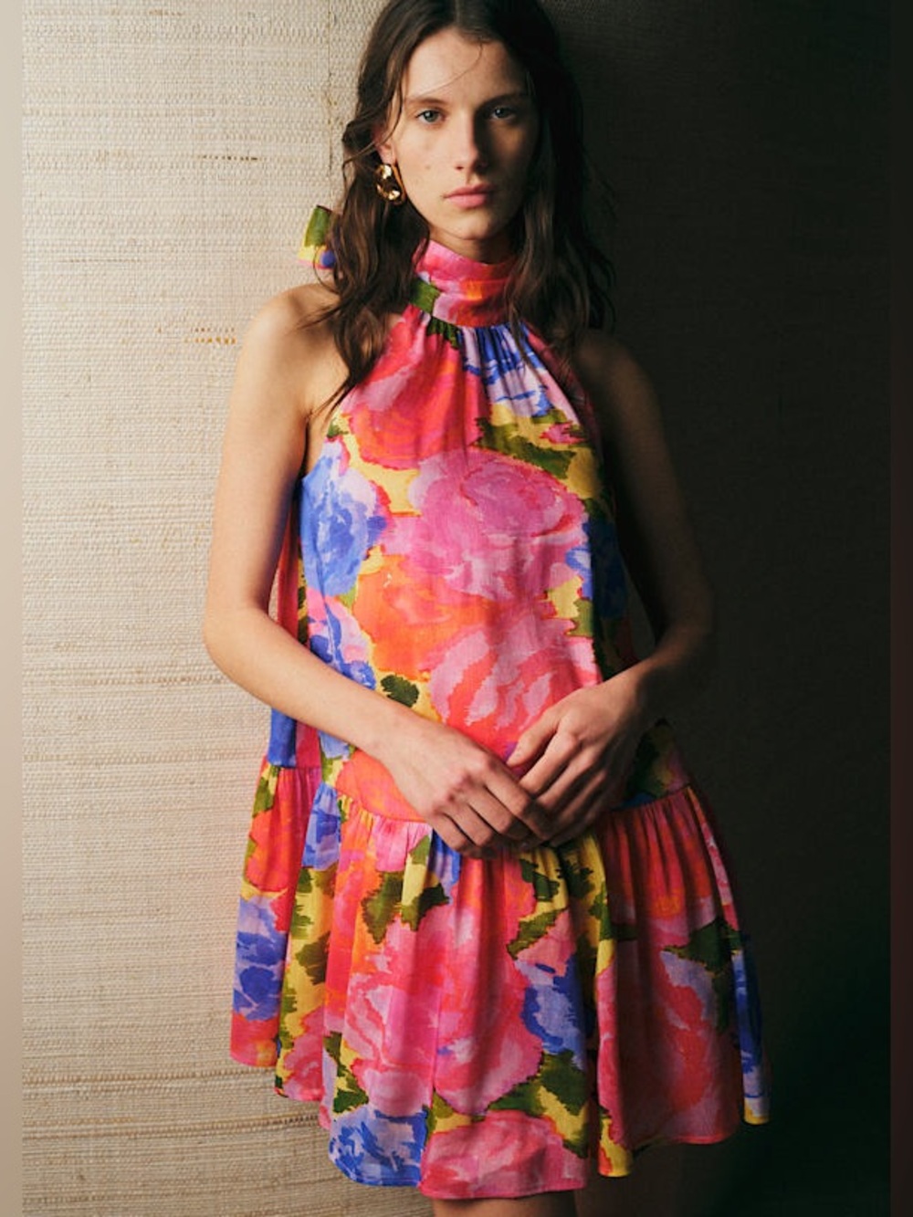 Sezane Multicolor Floral Halter Mini Dress in Pink